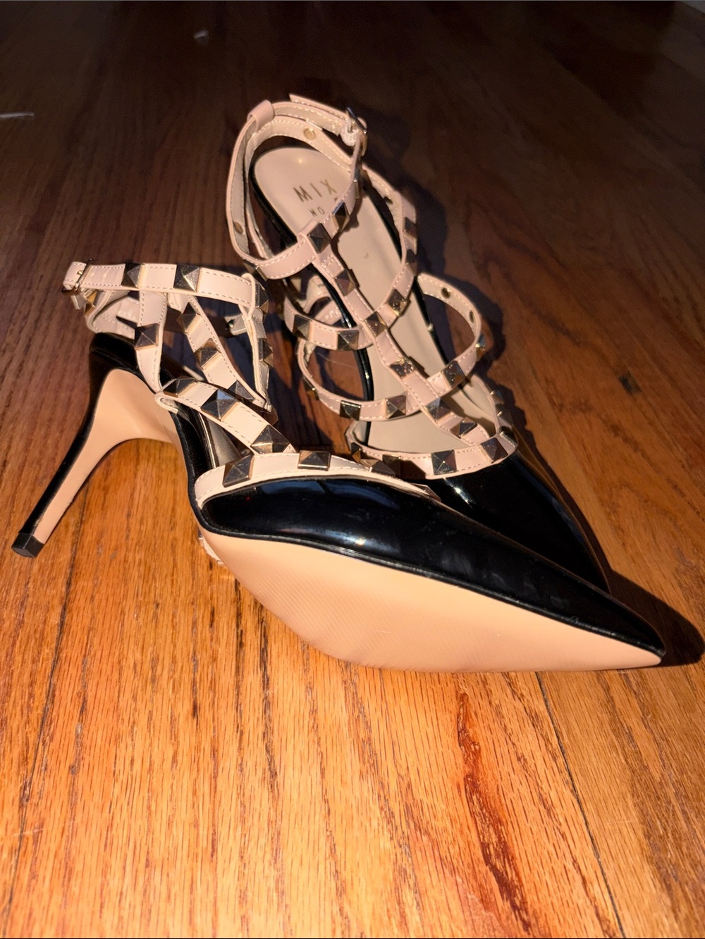 Mix No. 6 Black Patent Pointed-Toe Studded T-Strap Pumps with Nude Straps